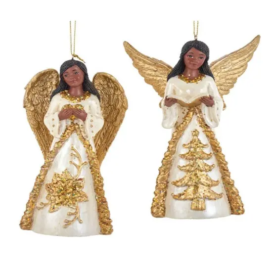 4.5&rdquo; Ivory and Gold African American Angel Ornaments - Set of 2 AssortedElegant Christmas Decorations {1}