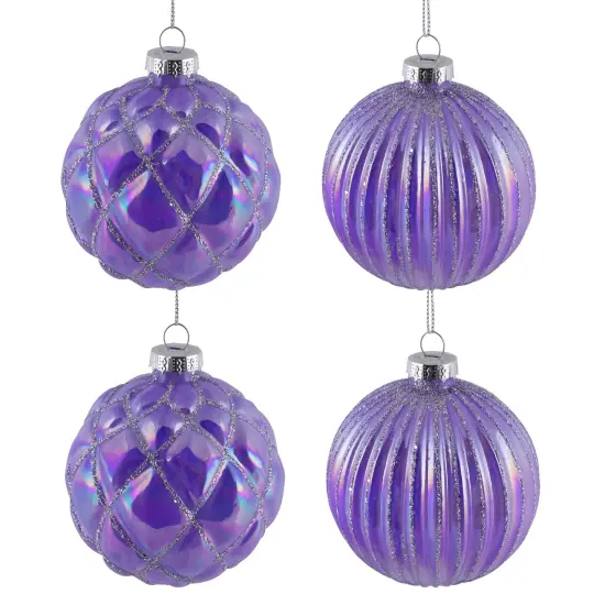 Northlight Shiny Glittered Iridescent Glass Ball Christmas Ornaments - 3" (80mm) - Purple- 4ct {3}
