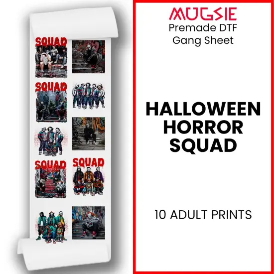 Halloween Horror Squad DTF Transfers 22x60 Direct-to-Film Gang Sheet Iron On Transfers - 10 Adult Prints {1}