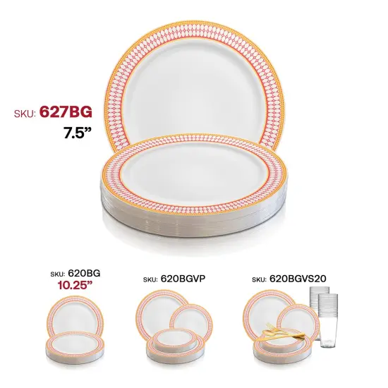 White with Red and Gold Chord Rim Plastic Appetizer/Salad Plates - 7.5" (120 Plates) {6}