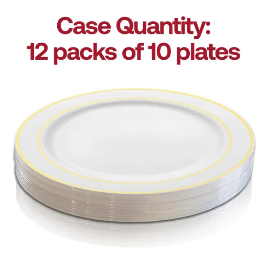 White with Gold Edge Rim Plastic Dinner Plates - 10.25" (120 Plates) {4}