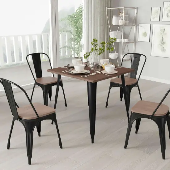 Merrick Lane Modern 31.5" Square Metal Table with Rustic Wood Top for Indoor Use Black {1}