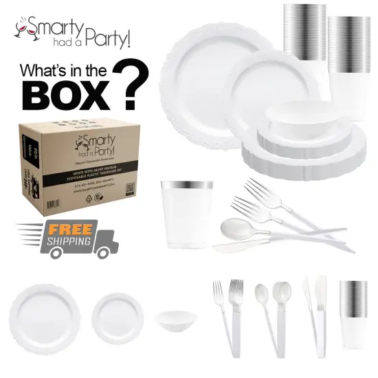 White with Silver Vintage Disposable Plastic Tableware Set (120 Settings) {1}