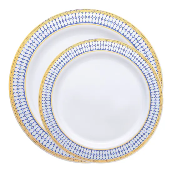 White with Blue and Gold Chord Rim Plastic Dinnerware Value Set (120 Guests) {2}