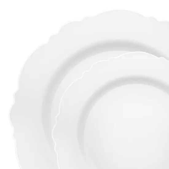 White with Silver Rim Round Blossom Disposable Plastic Dinnerware Value Set (120 Guests) {1}