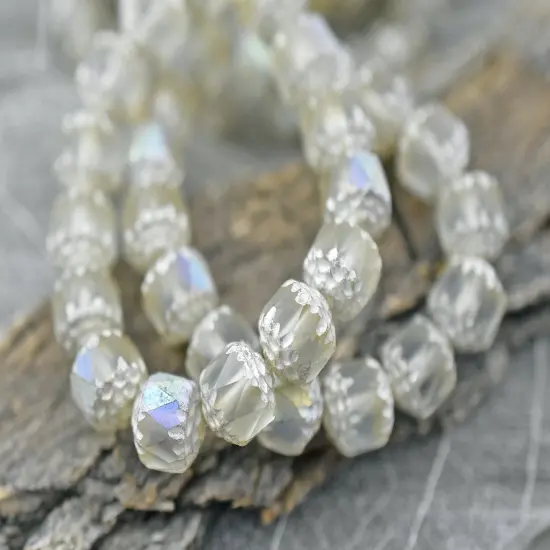 Antique Silver Washed Matte Crystal Ecru AB Fire Polished Cathedral Beads {1}