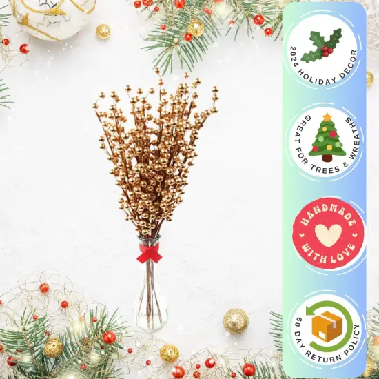 Pack of 12 Artificial Berry Twigs with Gold Berries - 17 Inches Tall - Realistic and Lifelike Christmas Berry Spray Stems - Ideal for DIY Floral Arrangements and Holiday Decorations {2}
