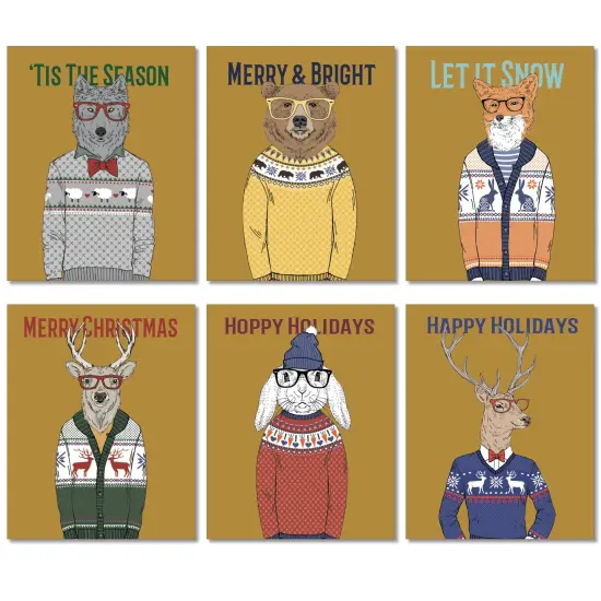 Hipster Animal Christmas Cards - 24-Pack Holiday Greeting Cards with 6 Cozy Sweater Animal Designs, Perfect for Sharing Merry Christmas & Holiday Wishes, Blank Inside for Personalized Messages - Fun and Festive Stationery Set {1}
