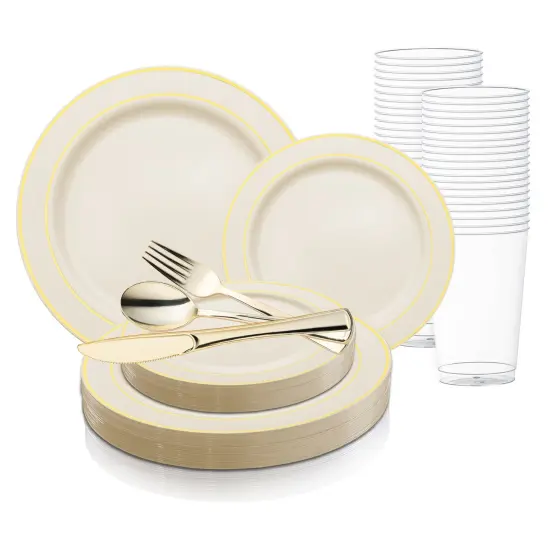Ivory with Gold Edge Rim Plastic Wedding Value Set (20 Settings) {1}