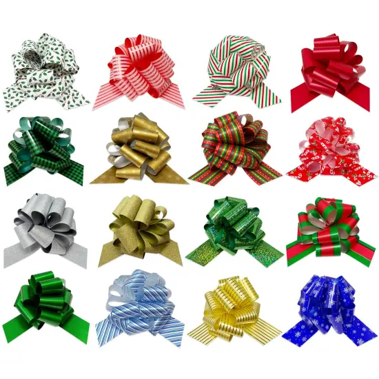 Wrapables Large 5 inch Christmas Pull Bows, Ribbon Bows for Gift Wrapping, Xmas Decorations (16pcs), Holiday Colors {1}