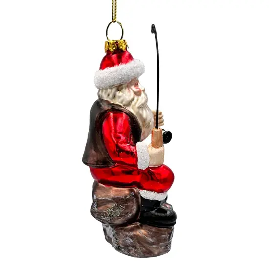 Relaxing Santa Claus Fishing Ornament, Hand Blown Glass Fisherman Gift Decor {4}