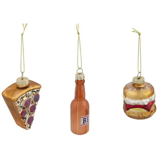 Northlight Pizza, Burger and Beer Glass Christmas Ornaments - 3.5" - Set of 3 Multi {4}