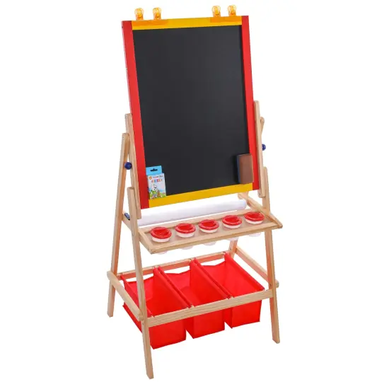 Flip-Over Children's Double-Sided Paint & Drawing Art Easel Board with Chalkboard, Dry Erase Board, Paper Roll, 3 Storage Bins, 5 No-Spill Cups, Chalk {1}