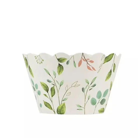 25 White Paper Cupcake WRAPPERS Green Eucalyptus Leaves Print Party Decorations {1}