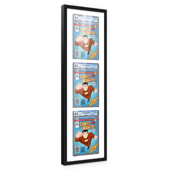 Comic Book Frame with Mat for 3 Graded Comics - Black Wood Comic Frame With White Mat for 8.125x13 Comics - 11.75x43.5 Frame Size {2}