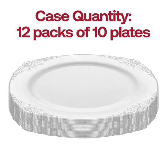 White with Silver Fancy Round Disposable Plastic Salad Plates - 7.5" (120 Plates) {3}
