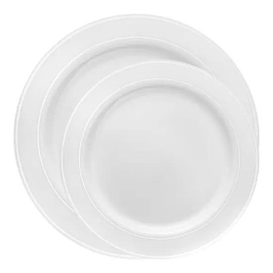 White with Silver Edge Rim Plastic Dinnerware Value Set (120 Guests) {2}
