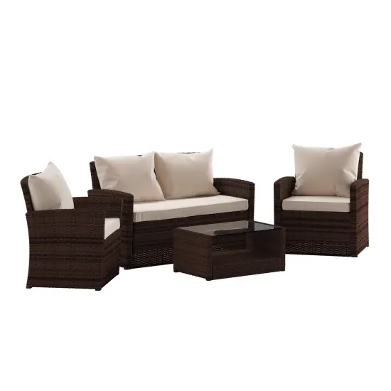 Emma and Oliver 4 Piece Patio Set with Gray Back Pillows & Seat Cushions - Outdoor Seating Beige/BrownFrame {2}