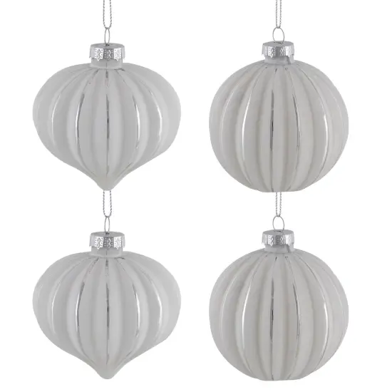 Northlight Striped Ball and Onion Glass Christmas Ornaments - 3" (80mm) - White and Silver- 4ct {3}