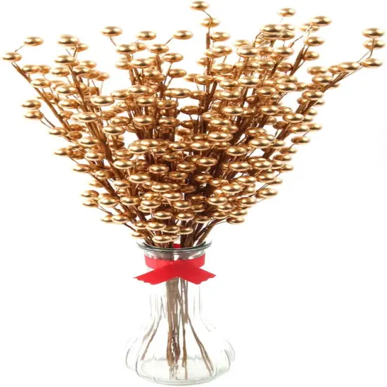 Pack of 12 Artificial Berry Twigs with Gold Berries - 17 Inches Tall - Realistic and Lifelike Christmas Berry Spray Stems - Ideal for DIY Floral Arrangements and Holiday Decorations {1}