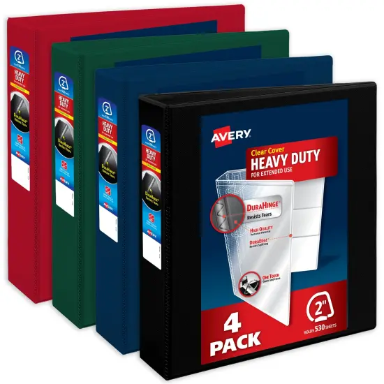 Avery Heavy-Duty View 3 Ring Binders, 2 Inch One Touch Slant Rings, 530-Sheet Capacity, DuraHinge, 2.8 Inch Wide Spine, Customizable Clear Cover and Spine, Assorted Dark Colors (4-Pack of 79638) {1}