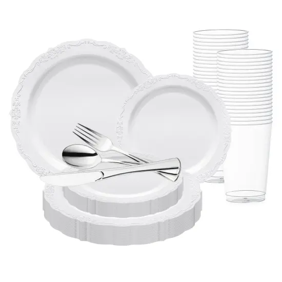 White Vintage Round Disposable Plastic Wedding Value Set (20 Settings) {1}