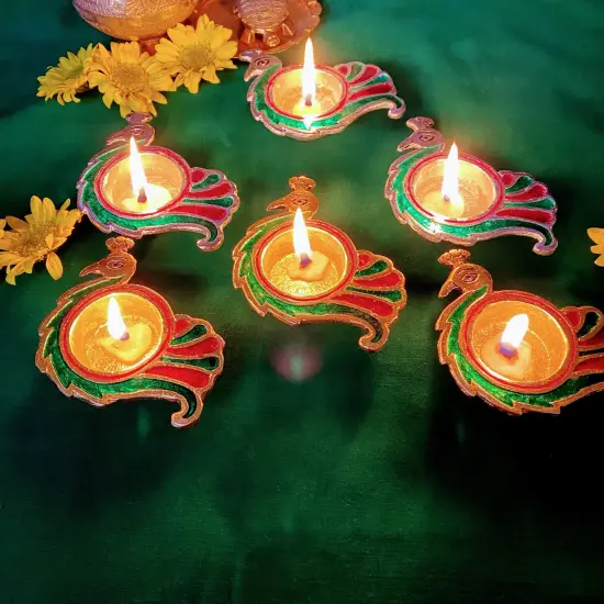 Peacock Deepam Brass Finish Diya Pack of 2 Samai Deepak Oil Lamp Indian Festival Diwali Diya Hindu Puja Religious Home Decor Pooja Lamp Indian Housewarming Wedding - Corporate Return Gift Silver {7}