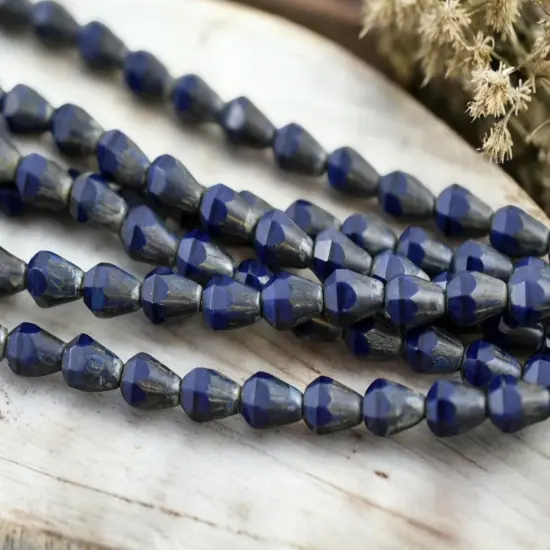 *15* 6x8mm Navy Blue Picasso Vertical Teardrop Beads {2}