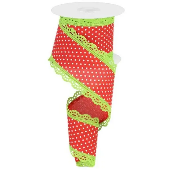 2.5" Swiss Dots Lace Edge Ribbon: Red/Lime Green (10 Yards) {1}