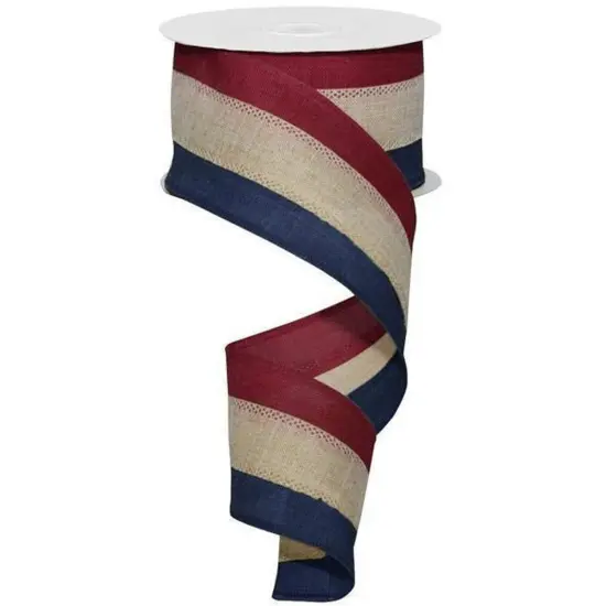2.5" Faux Burlap Striped Ribbon: Burgundy, Beige, Navy (10 Yards) {1}