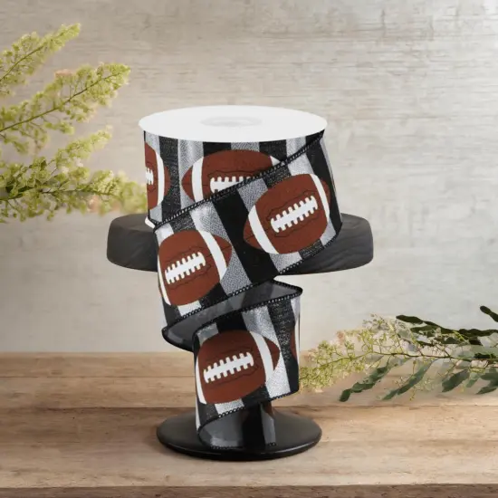 2.5" Footballs On Stripe Ribbon: Black & Silver (10 Yards) {3}