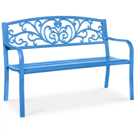 Best Choice Products Outdoor Steel Bench Garden Patio Porch Furniture w/ Floral Design Backrest Ocean Blue {1}
