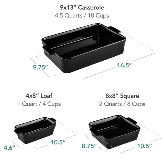 Best Choice Products Ceramic Bakeware Set of 3 Casserole, Loaf, and Square Dishes w/ Handles Black Licorice {2}