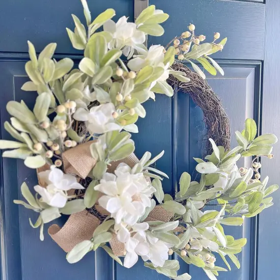 Haute Decor Grapevine Hydrangea Wreath with White Berries, Lamb's Ear & Burlap Bow - Neutral Summer Wreath for Front Door Decor {2}