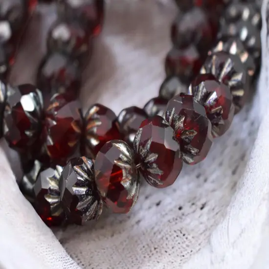 *15* 6x9mm Ruby Red Picasso Fire Polish Cruller Rondelle Beads {4}