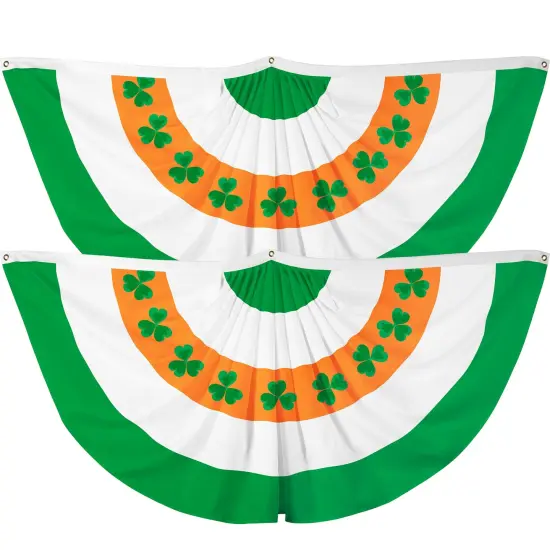 G128 2 Pack: Ireland Irish Shamrock Pleated Fan Flag | 1.5x3 Ft | Printed 150D Polyester | St. Patrick's Day Decor, Indoor/Outdoor, Vibrant Colors, Brass Grommets {1}