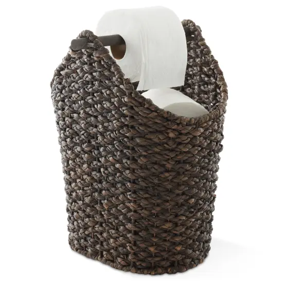 Casafield Toilet Paper Storage Basket with Wood Roll Holder Bar, Braided Water Hyacinth Wicker Bathroom Tissue Storage Organizer {4}