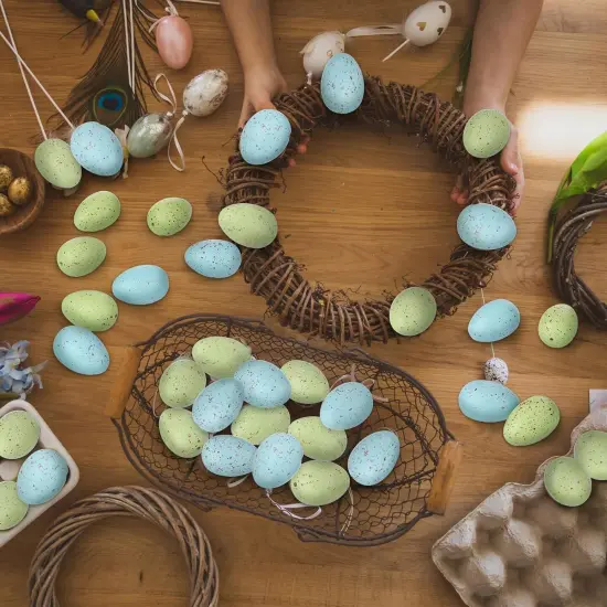 16 Pcs Pastel Easter Eggs with Chicken Nest Easter Table Centerpiece Plastic Green Blue Speckled Eggs for Spring Filler Baskets DIY Home Farmhouse Table Decoration {5}