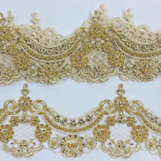 1 Yard Elegant Beaded & Corded Embroidered Lace Trim on 100% Polyester Mesh Rose Gold {6}