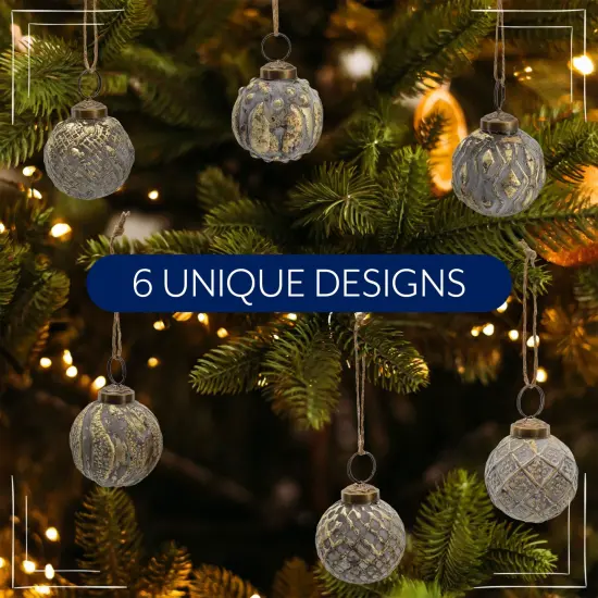 2in Farmhouse Ball Ornaments Distressed Metal Glass Christmas Decor Silver {5}