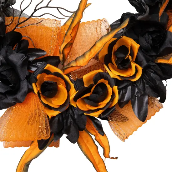 Northlight Skull with Roses Artificial Halloween Wreath - 14" - Black and Orange - Unlit {7}