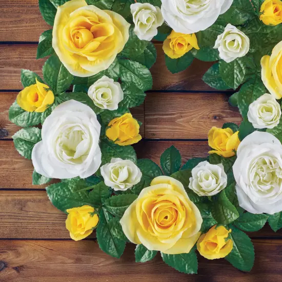 Collections Etc Artificial Yellow and White Roses Hanging Wreath {5}
