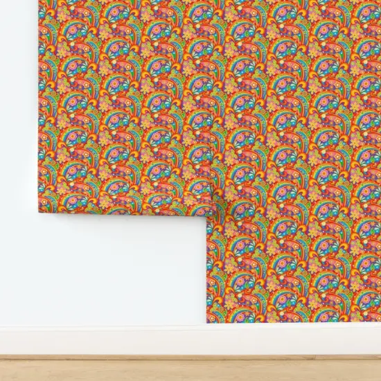 Pre-Pasted Wallpaper 2FT Wide 1960S Psychedelic Flower Power Flowers Colorful Rainbows Red Pink Orange Purple Costume Custom Pre-pasted Wallpaper by Spoonflower {2}