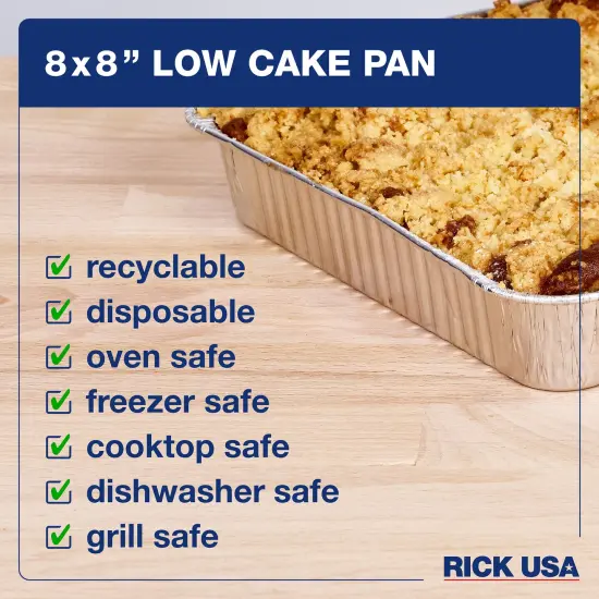 RICK USA: 8x8" Low Cake Pan - 25 Pack -Disposable Aluminum Foil, Multi-Purpose Baking-Cooking, Durable, Grill-Oven-Freezer-Dishwasher Safe, Recyclable {6}