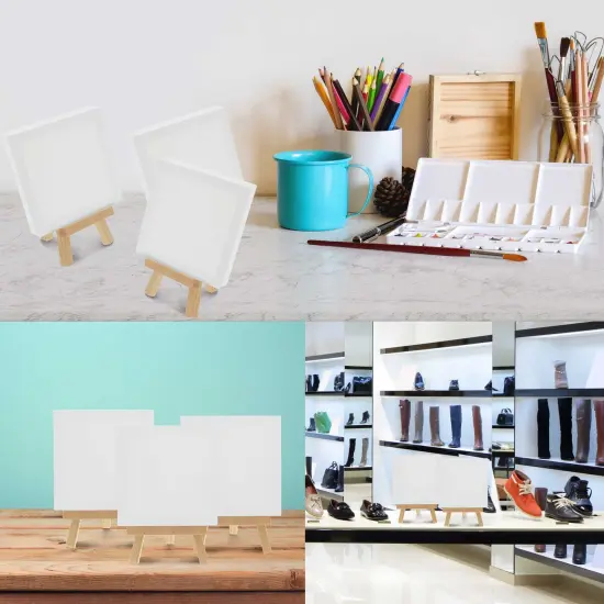 3" x 3" Stretched Canvas with 5" Mini Easel Kit (12 Pack) - Natural Wooden A-Frame Tabletop Display Stand, Mini Easel Stand - Small Easels for Display, Small Canvases, Crafts, Photos {6}