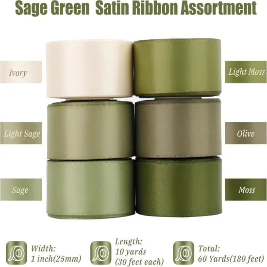 Sage Green Ribbon 1 Inch Moss Green Double Face Satin Ribbon 6 Rolls Sage Ribbon for Wedding Green Ribbon for Baby Shower Ribbon for Gift Wrapping Hair Bows Crafts - 60Yards {2}