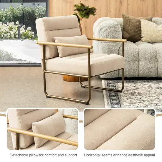 33.25"H Mid-Century Modern Beige Fabric Accent Arm Chair with Metal Frame {3}