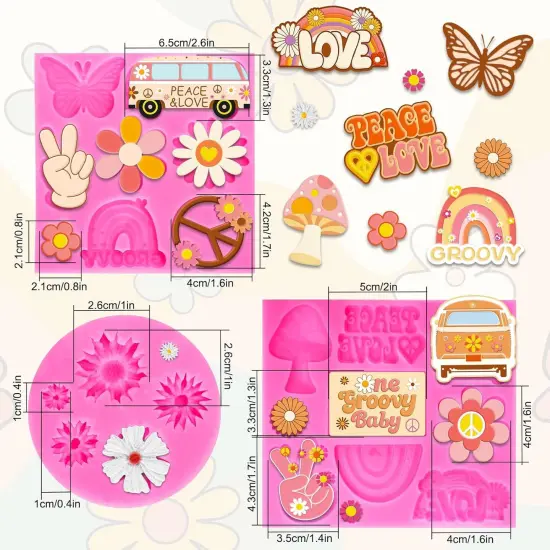 3Pcs Groovy Boho Fondant Molds Groovy Hippie 3D Silicone Moulds Daisy Boho Rainbow Pattern Resin Molds Peace & Love Cupcake Cookie Baking Decorating Moulds for Spring Summer Party DIY Candy {2}