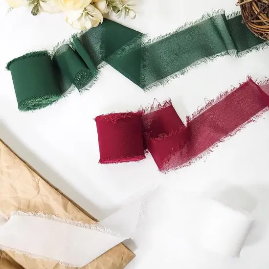 Frayed Chiffon Silk Ribbon 1-1/2 inch x 7 Yards x 3 Rolls Burgundy White Dark Green Set for Christmas Home Decor Gift Wrapping DIY Crafts Wedding Invitation Bouquets {4}