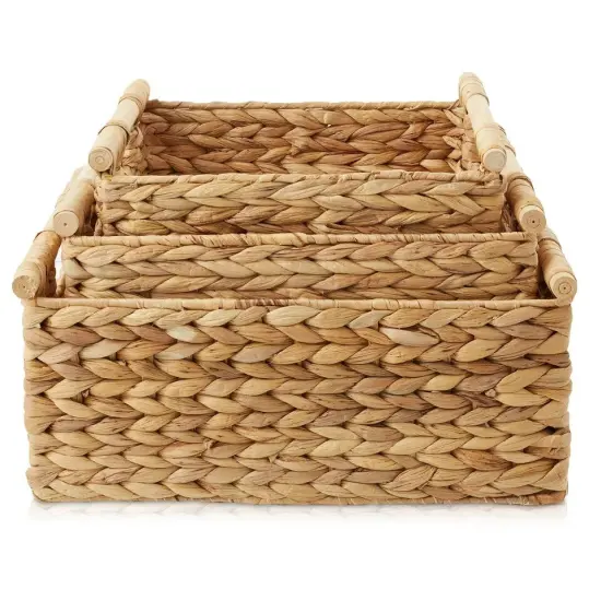3-Piece Hyacinth Rectangular Storage Basket Set w/ Wood Handles, Natural Wicker {2}
